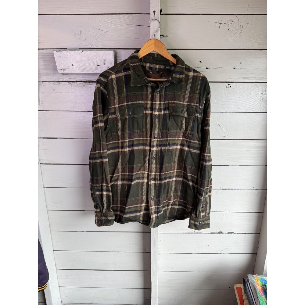 Orvis Mens Olive Green Plaid Flannel Shirt Jacket Large L Long Sleeve